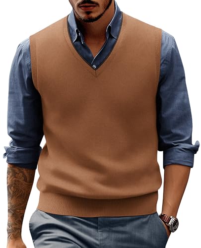 PJ PAUL JONES Herren Pullover Weste Wollmischung Strickweste Pullover V-Ausschnitt Ärmellos Pullover Westen, Braun, Mittel von PJ PAUL JONES