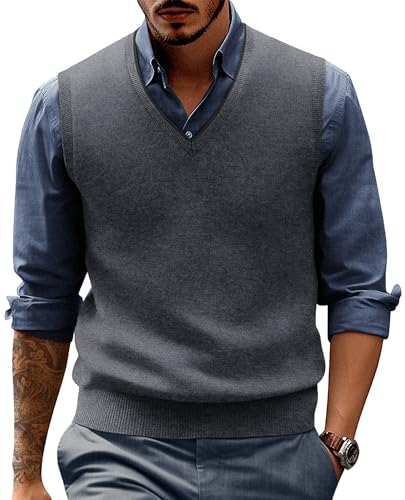 PJ PAUL JONES Herren Pullover Weste Wollmischung Strickweste Pullover V-Ausschnitt Ärmellos Pullover Westen, Dunkel_Grau, Groß von PJ PAUL JONES