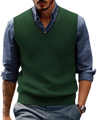 PJ PAUL JONES Herren Pullover Weste Wollmischung Strickweste Pullover V-Ausschnitt Ärmellos Pullover Westen, Grün , Groß von PJ PAUL JONES