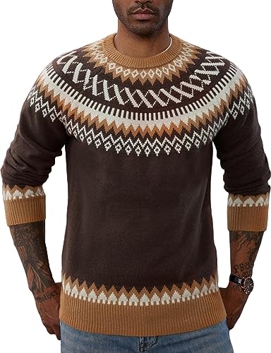 PJ PAUL JONES Herren Pullover mit Rundhalsausschnitt, Unisex, Fair Isle, langärmelig, Strickpullover, Braun, Groß von PJ PAUL JONES