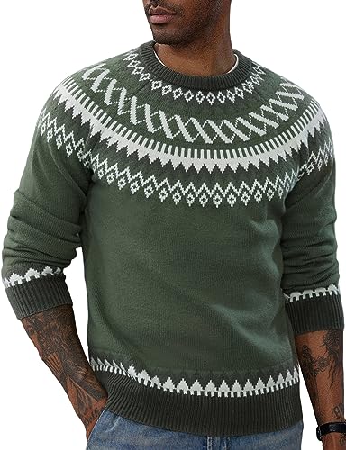 PJ PAUL JONES Herren Pullover mit Rundhalsausschnitt, Unisex, Fair Isle, langärmelig, Strickpullover, Grau / Grün, Groß von PJ PAUL JONES