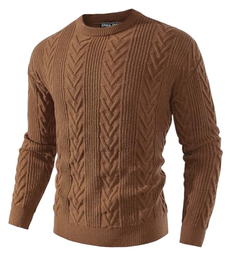 PJ PAUL JONES Herren-Pullover mit Rundhalsausschnitt, lässiger Zopfstrick-Pullover, schulterfrei, solide Strickpullover, Braun, Groß von PJ PAUL JONES