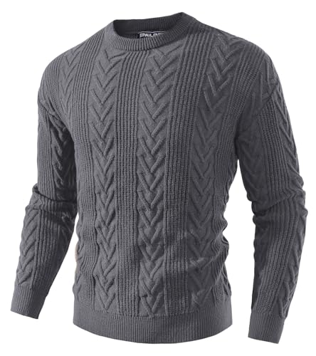 PJ PAUL JONES Herren-Pullover mit Rundhalsausschnitt, lässiger Zopfstrick-Pullover, schulterfrei, solide Strickpullover, Grau, Mittel von PJ PAUL JONES