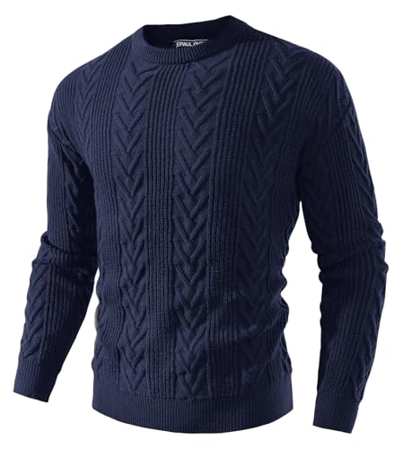 PJ PAUL JONES Herren-Pullover mit Rundhalsausschnitt, lässiger Zopfstrick-Pullover, schulterfrei, solide Strickpullover, Marineblau, Groß von PJ PAUL JONES