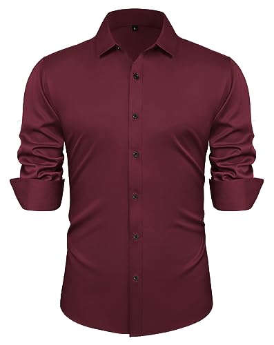 PJ PAUL JONES Herren Regular Fit Hemd Langarm Einfarbig Businesshemd für Business Hochzeit (Weinrot, XXL) von PJ PAUL JONES