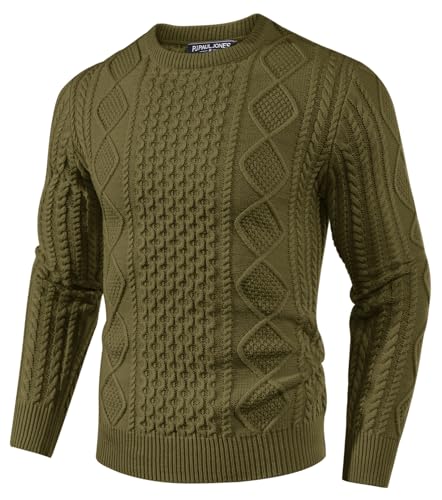 PJ PAUL JONES Herren Regular Fit Strickpullover Langarm Zopfstrickpullover Sweater mit Rundhalsausschnitt (Armeegrün, S) von PJ PAUL JONES