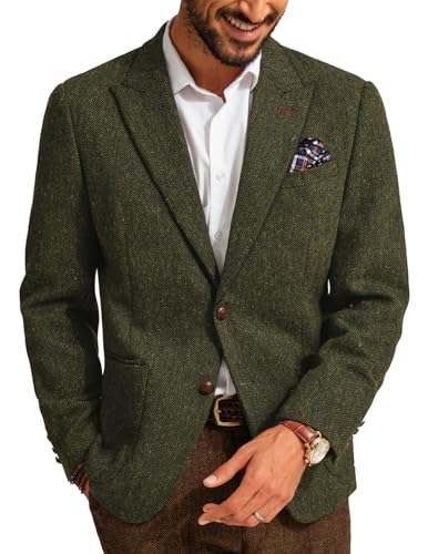 PJ PAUL JONES Herren Sakko Tweed Wolle British Blazer 2 Knöpfe Regular Fit Freizeit Business Anzugjacke (Armeegrün, XL) von PJ PAUL JONES