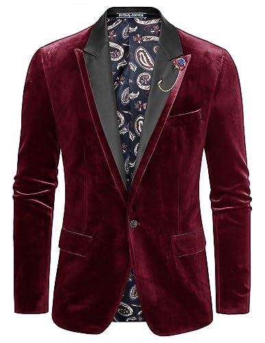 PJ PAUL JONES Herren Samt-Blazer Regular Fit EIN-Knopf Freizeit Smokingjacke für Abendessen, Party (Weinrot, S) von PJ PAUL JONES