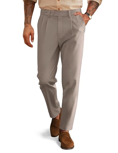 PJ PAUL JONES Herren Slim Fit Work Hosen Tapered Vintage Casual Pants Extended Waist Pleated Casual Hose Slacks für Büro Khaki S von PJ PAUL JONES