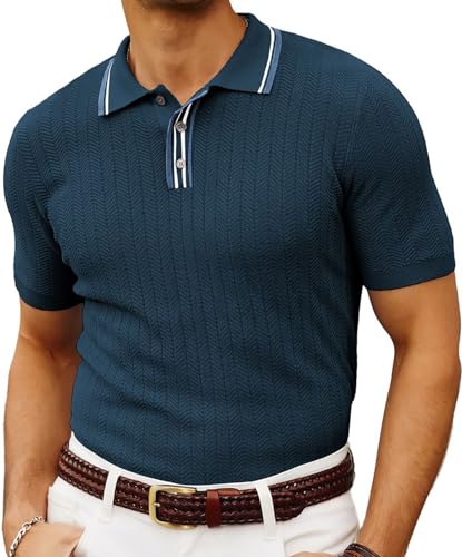 PJ PAUL JONES Herren Strick-Polo-Shirts, kurzärmelig, strukturierter Pullover, Golf-Polo-T-Shirts, Marineblau, Klein von PJ PAUL JONES