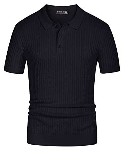 PJ PAUL JONES Herren Strick-Polohemden Kabel Kurzarm Golf Polo Shirt Atmungsaktiv Stricken Poloshirts, Schwarz, XL von PJ PAUL JONES