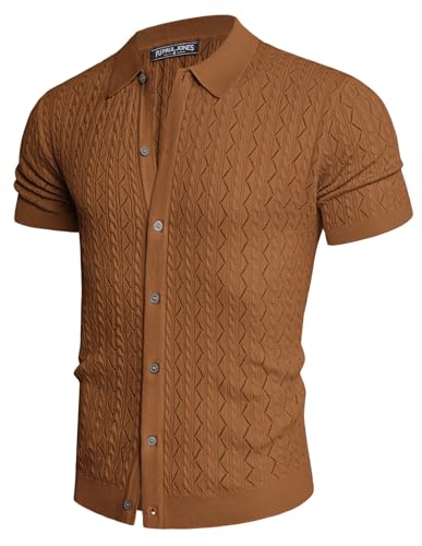 PJ PAUL JONES Herren Strick-Poloshirt, kurzärmelig, ausgehöhlt, Freizeithemd, Sommer, Strand, Kaffee, L von PJ PAUL JONES