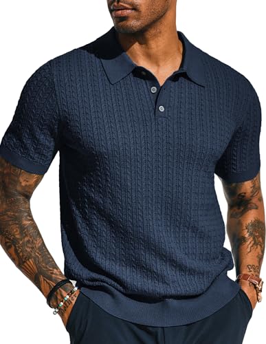 PJ PAUL JONES Herren Strick-Poloshirt, kurzärmelig, ausgestanzt, strukturiert, gestrickt, Marineblau, Mittel von PJ PAUL JONES