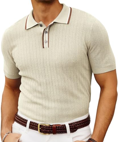 PJ PAUL JONES Herren Strick-Poloshirt, kurzärmelig, strukturiert, Golf-Polo-T-Shirt, Beige, Klein von PJ PAUL JONES