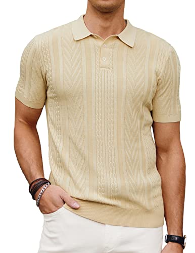 PJ PAUL JONES Herren Strick-Poloshirt Kurzarm Strick Textur Shirt Männer Stricken Golf T Shirts, Beige, XX-Large von PJ PAUL JONES