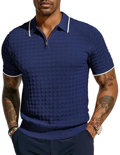 PJ PAUL JONES Herren Strick-Poloshirts Kurzarm Viertelreißverschluss Poloshirt, Dunkelblau, L von PJ PAUL JONES