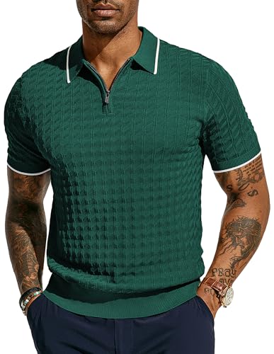 PJ PAUL JONES Herren Strick-Poloshirts Kurzarm Viertelreißverschluss Poloshirt, Dunkelgrün, Klein von PJ PAUL JONES