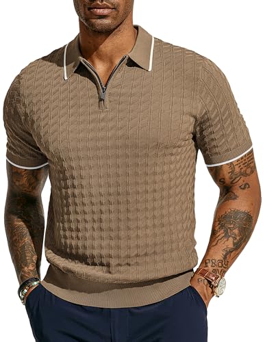 PJ PAUL JONES Herren Strick-Poloshirts Kurzarm Viertelreißverschluss Poloshirt, Khaki, L von PJ PAUL JONES