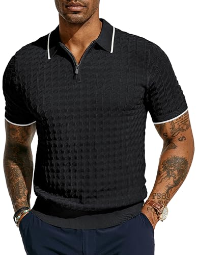 PJ PAUL JONES Herren Strick-Poloshirts Kurzarm Viertelreißverschluss Poloshirt, Schwarz, Mittel von PJ PAUL JONES