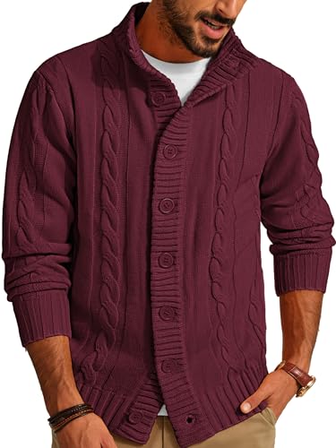 PJ PAUL JONES Herren Strickjacke Cardigan mit Knöpfen Regular Fit Zopfmuster Cardigan (Weinrot, M) von PJ PAUL JONES