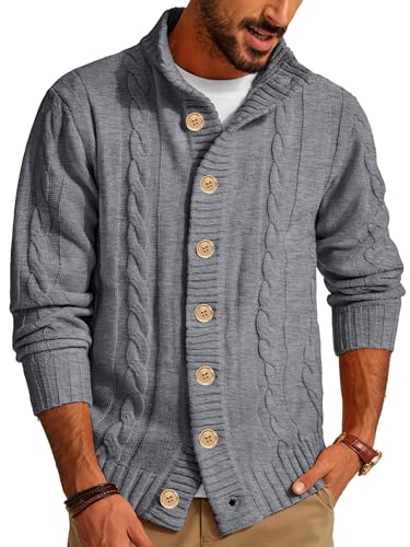 PJ PAUL JONES Herren Strickjacke Cardigan mit Stehkragen und Knopfverschluss Langarm Regular Fit Gestrickt Cardigan Hellgrau, M von PJ PAUL JONES