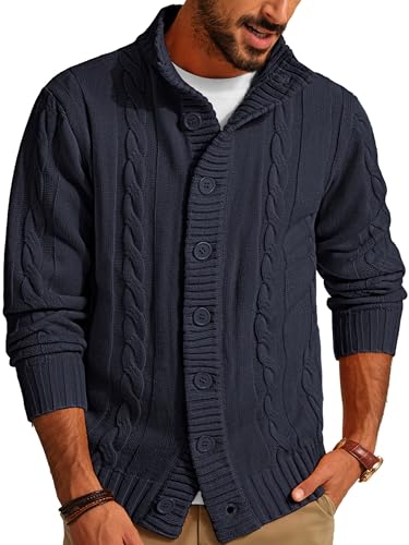 PJ PAUL JONES Herren Strickjacke Regular Fit Zopfmuster Strickpullover mit Knöpfen für Casual (Dunkelblau, S) von PJ PAUL JONES