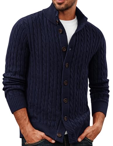 PJ PAUL JONES Herren Strickjacke Zopfmuster Grobstrick Stehkragen Button Down Cardigan Marineblau XL von PJ PAUL JONES