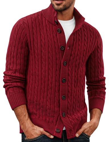 PJ PAUL JONES Herren Strickjacke Zopfmuster Grobstrick Stehkragen Button Down Cardigan Rot XL von PJ PAUL JONES