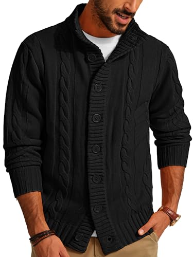 PJ PAUL JONES Herren Strickjacke mit Knopfverschluss Zopfmuster Strickjacke Cardigan mit Gerippter Stehkragen Schwarz, S von PJ PAUL JONES