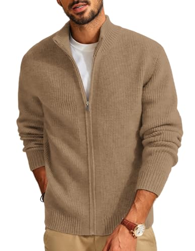 PJ PAUL JONES Herren Strickjacke mit Reißverschluss Slim Fit Stehkragen Cardigan Casual Warme Strickjacken (Kamel, S) von PJ PAUL JONES