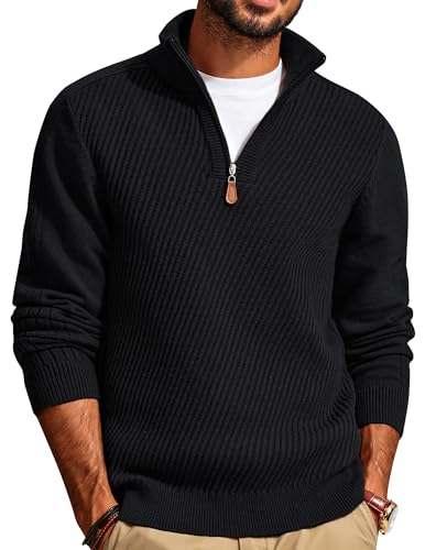 PJ PAUL JONES Herren Strickpullover Troyer Pullover Feinstrick Pulli 1/4 Zip mit Stehkragen Warm Rollkragenpullover, Schwarz, S von PJ PAUL JONES