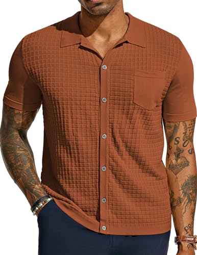 PJ PAUL JONES Herren Strickshirt Kurzarm Waffel Poloshirt Casual Sommer Shirt mit Tasche, Kaffee, XL von PJ PAUL JONES