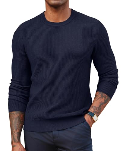 PJ PAUL JONES Herren Stricksweater Rundhals Langarm Strukturmuster Basic Pullover Marineblau S von PJ PAUL JONES