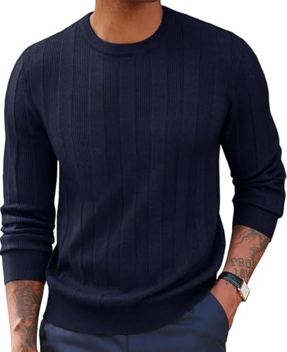 PJ PAUL JONES Herren Strukturierter Strickpulli Klassischer Rundhals mit Langarm Marineblau XL von PJ PAUL JONES