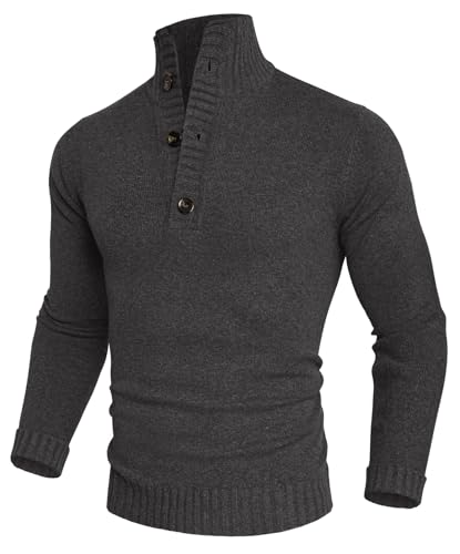 PJ PAUL JONES Herren Strukturiertpullover Stehkragen Longsleeve 1/4 Knopf Neck Turtleneckpullover Dunkelgrau S von PJ PAUL JONES