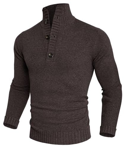 PJ PAUL JONES Herren Strukturiertpullover Stehkragen Longsleeve 1/4 Knopf Neck Turtleneckpullover Kaffee S von PJ PAUL JONES