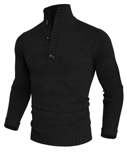 PJ PAUL JONES Herren Strukturiertpullover Stehkragen Longsleeve 1/4 Knopf Neck Turtleneckpullover Schwarz S von PJ PAUL JONES