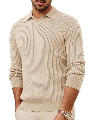 PJ PAUL JONES Herren Strukturstrick Langarm V-Ausschnitt Pullover mit Revers Aprikose M von PJ PAUL JONES