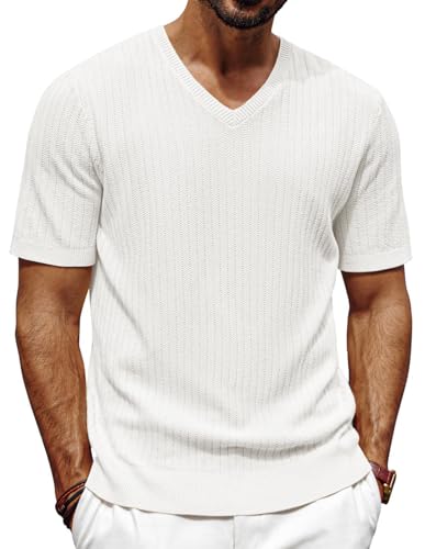 Strick Tshirt Herren V Ausschnitt Kurzarm T-Shirts für Herren Weiß S von PJ PAUL JONES