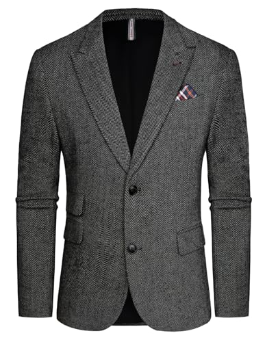 PJ PAUL JONES Herren Tweed Sakko Sportlich Regular Fit Fischgrätmuster Business Anzugjacke Blazer (Schwarz-Weiß, M) von PJ PAUL JONES