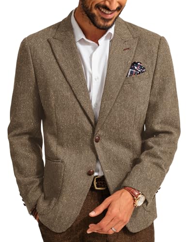 PJ PAUL JONES Herren Tweed Sakko Wolle British Blazer 2 Knöpfe Klassischer Modern Anzugjacke für Männer (Kaffee, S) von PJ PAUL JONES