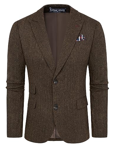 PJ PAUL JONES Herren Vintage Fischgrätenmuster Tweed Blazer Britische Wollmischung Sport Mantel Jacke, Braun Fischgrätmuster, XX-Large von PJ PAUL JONES