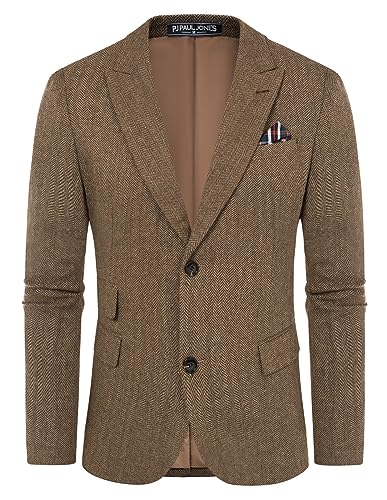 PJ PAUL JONES Herren Vintage Fischgrätenmuster Tweed Blazer Britische Wollmischung Sport Mantel Jacke, Kaffee Fischgrätenmuster, XX-Large von PJ PAUL JONES