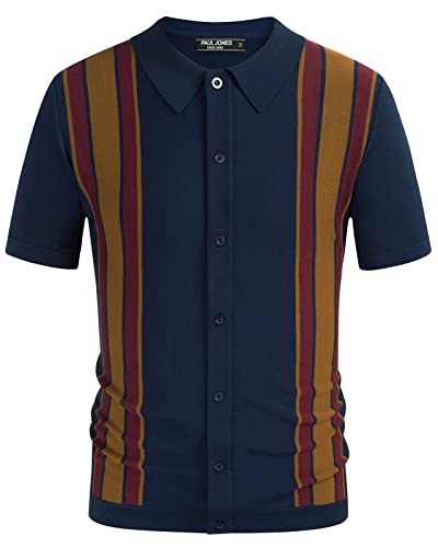 PJ PAUL JONES Herren Vintage Poloshirt Gestrickt Sommer Golfshirt Kurzarm Gestreifte Golf Polo (Navy Blau, L) von PJ PAUL JONES