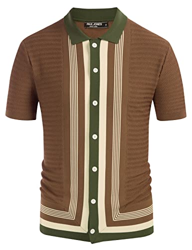 PJ PAUL JONES Herren Vintage Streifen Strick Polo Shirts Kurzarm Stilvolle Knopfleiste Cardigan Pullover, Braun, XL von PJ PAUL JONES
