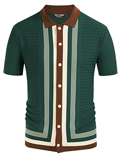 PJ PAUL JONES Herren Vintage Streifen Strick Polo Shirts Kurzarm Stilvolle Knopfleiste Cardigan Pullover, Dunkelgrün, XX-Large von PJ PAUL JONES