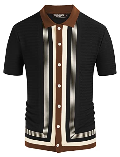 PJ PAUL JONES Herren Vintage Streifen Strick Polo Shirts Kurzarm Stilvolle Knopfleiste Cardigan Pullover, Schwarzes kurzes Ärmel, L von PJ PAUL JONES