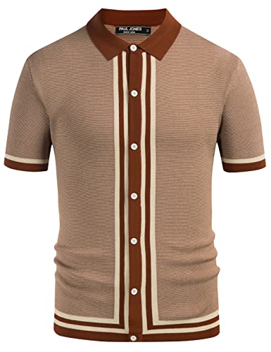 PJ PAUL JONES Herren Vintage Streifen Strick Poloshirts Kurzarm Stilvolle Button Down Cardigan Pullover, Camarel, XX-Large von PJ PAUL JONES