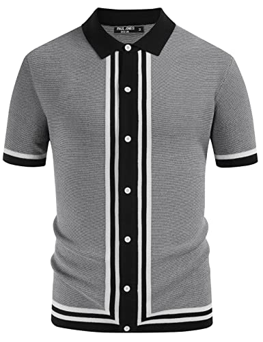 PJ PAUL JONES Herren Vintage Stripe Knit Polo Shirts Stylish Button Down Cardigan Sweater, Schwarz-Strick, Groß von PJ PAUL JONES