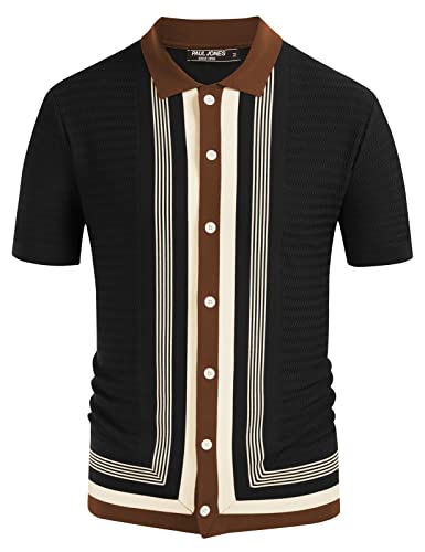 PJ PAUL JONES Herren Vintage Stripe Knit Polo Shirts Stylish Button Down Cardigan Sweater, Schwarzes kurzes Ärmel, XX-Large von PJ PAUL JONES